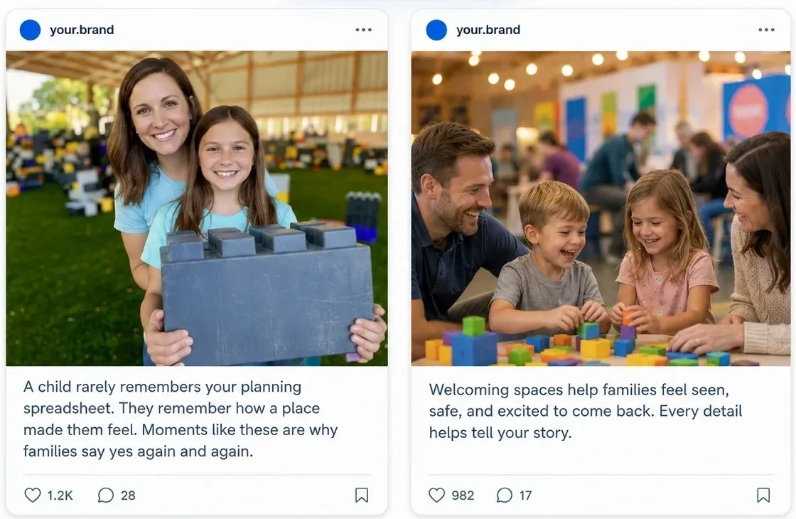 Two on-brand social posts: a mother and daughter at a family event, and families playing with building blocks - engaging social media posts, automatically